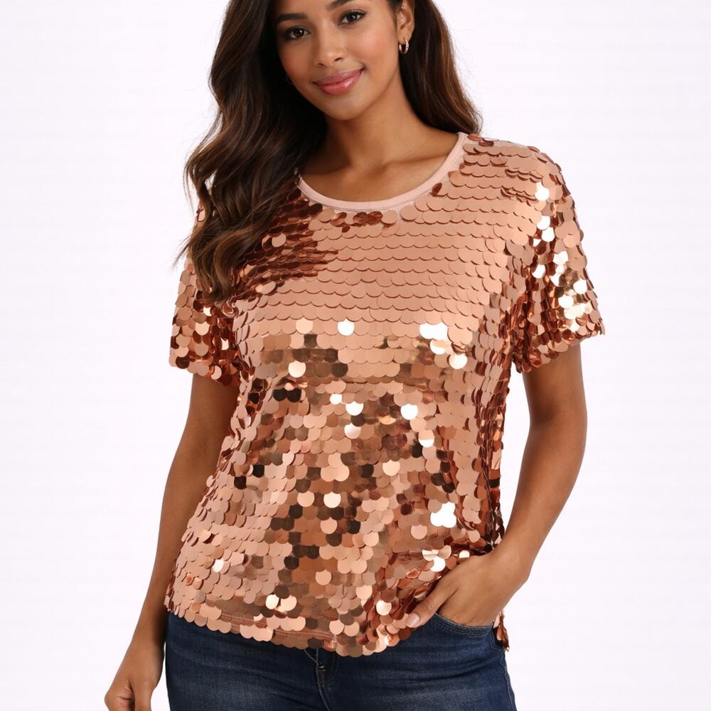 Anthro Eva Franco Sequin Tee M Rose Gold Short Sleeve Party Holiday Top